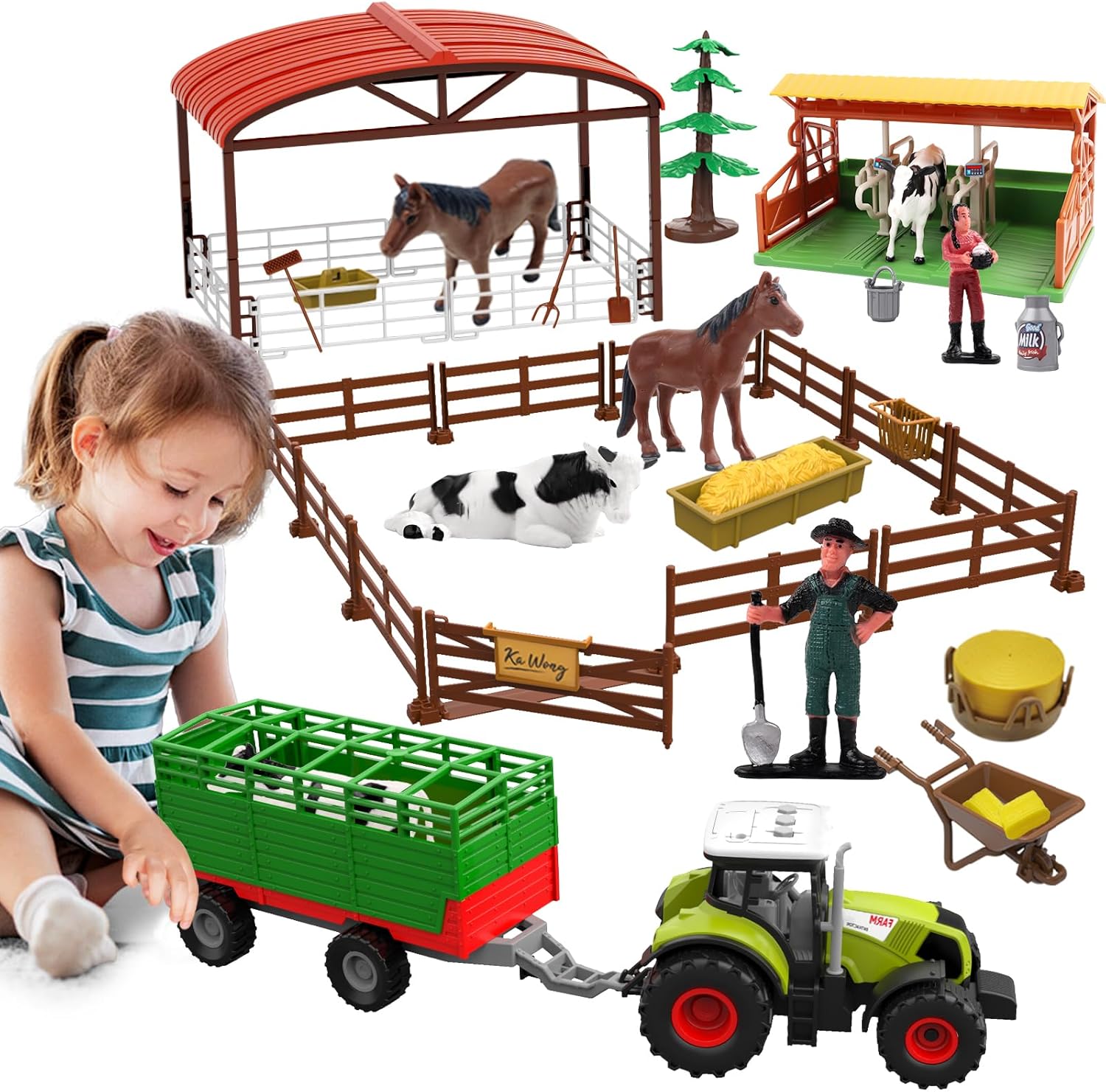 Dwi Dowellin Kids Tractor Toy Farm Playset,Toddlers Farm Vehicle Toys with Light&Sound,69 PCS Farm Toys Set with Farm Animals Fences Farmers for Kids 3-12 Years Old Boys Girls Birthday Gift 24hrsmart
